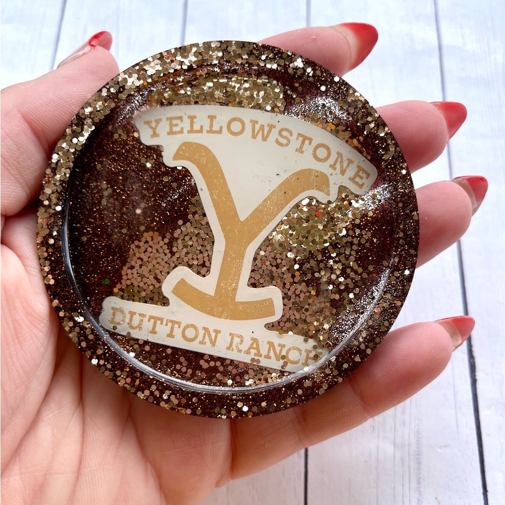 Small Yellowstone Dutton Ranch Resin Coaster – Handmade Glitter Ranch Logo
